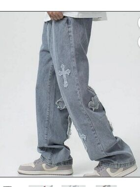 Zumiez Light Blue Relaxed Cross-Appliqué Jeans